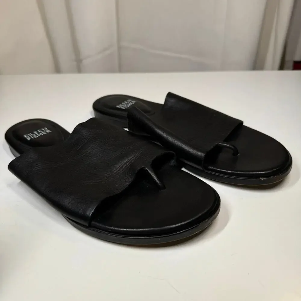 Eileen Fisher Black Leather Toe Ring Slides Sandals 6.5 Vero Cuoio Minimalist